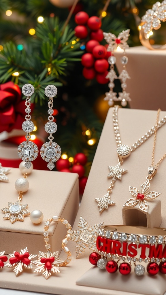A collection of Christmas jewelry including earrings, necklaces, and bracelets displayed with holiday decorations.